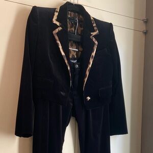 Dolce & Gabbana Black Velvet with Leopard Trim Crop Jacket and Pants Set